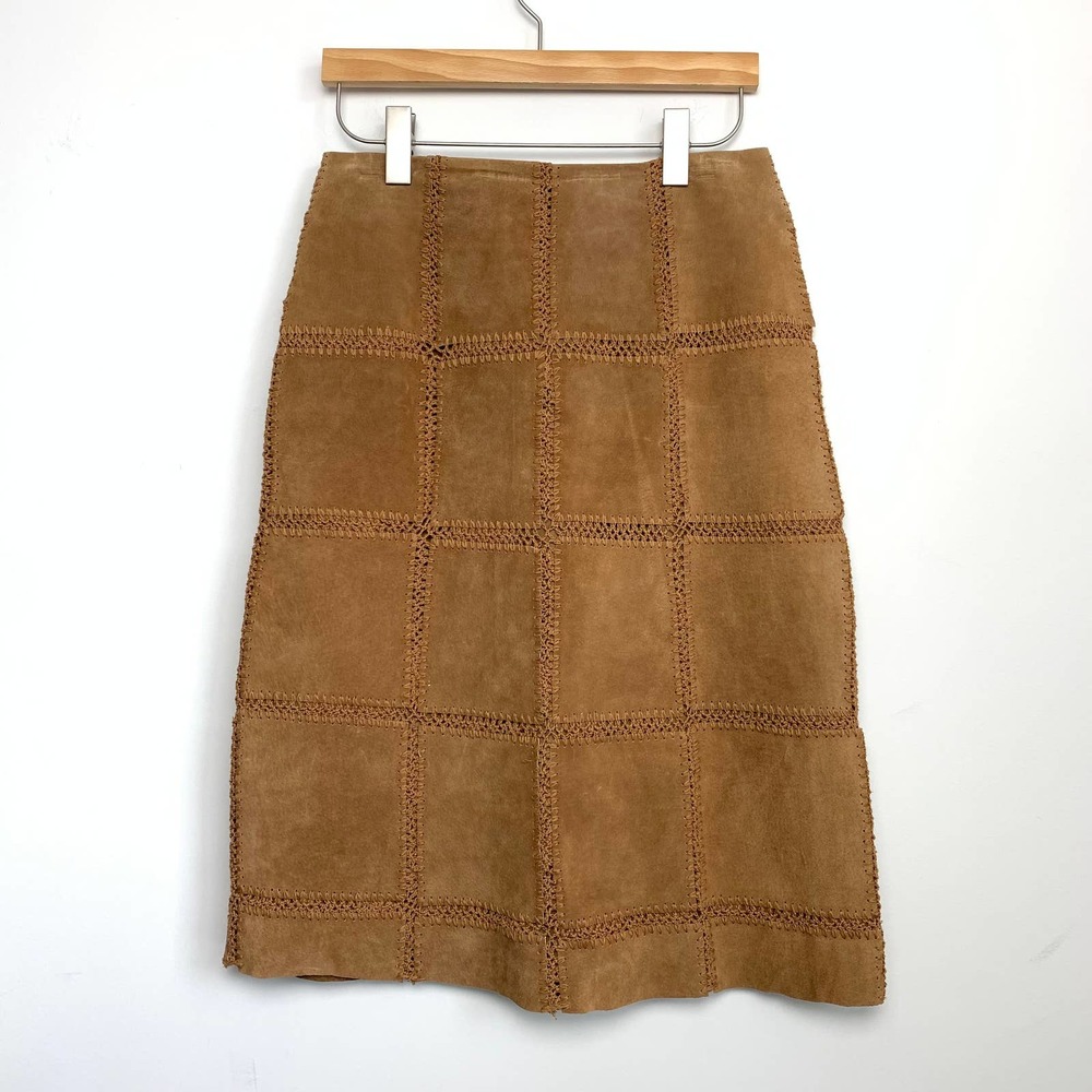 Vintage Brown Tan Suede Leather Midi Skirt Size 4 Crochet Patchwork Pencil